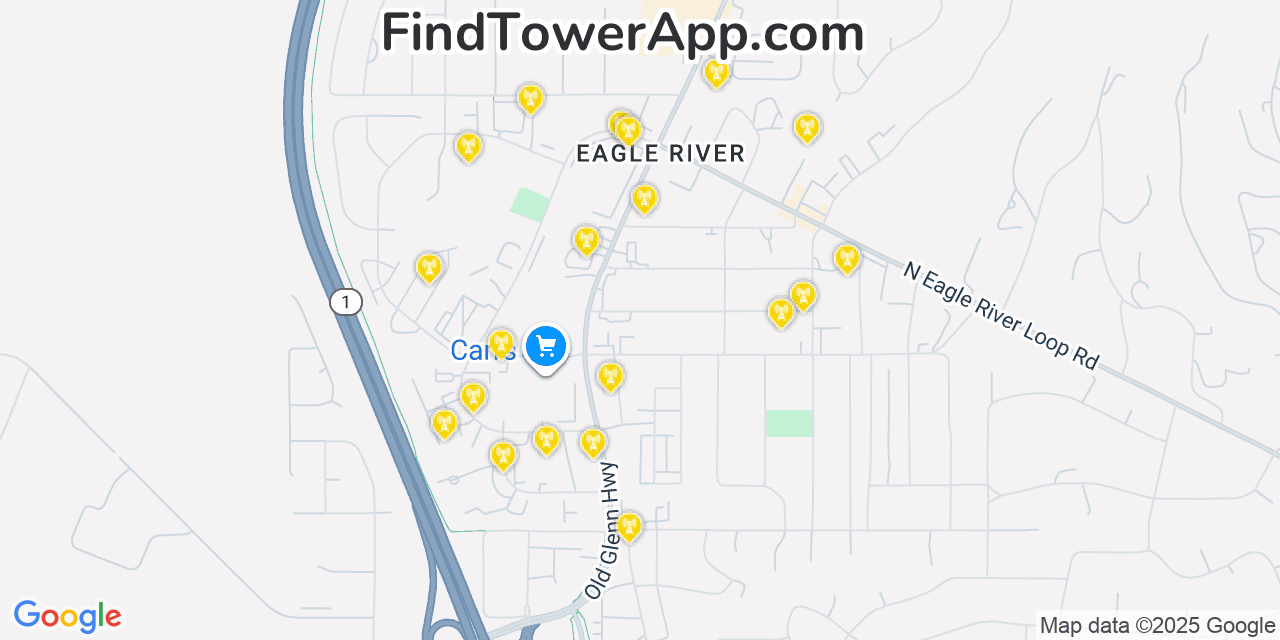 Map showing the 20 primary cell tower locations detected in Eagle River, Alaska from AT&T, Verizon, and T-Mobile networks
