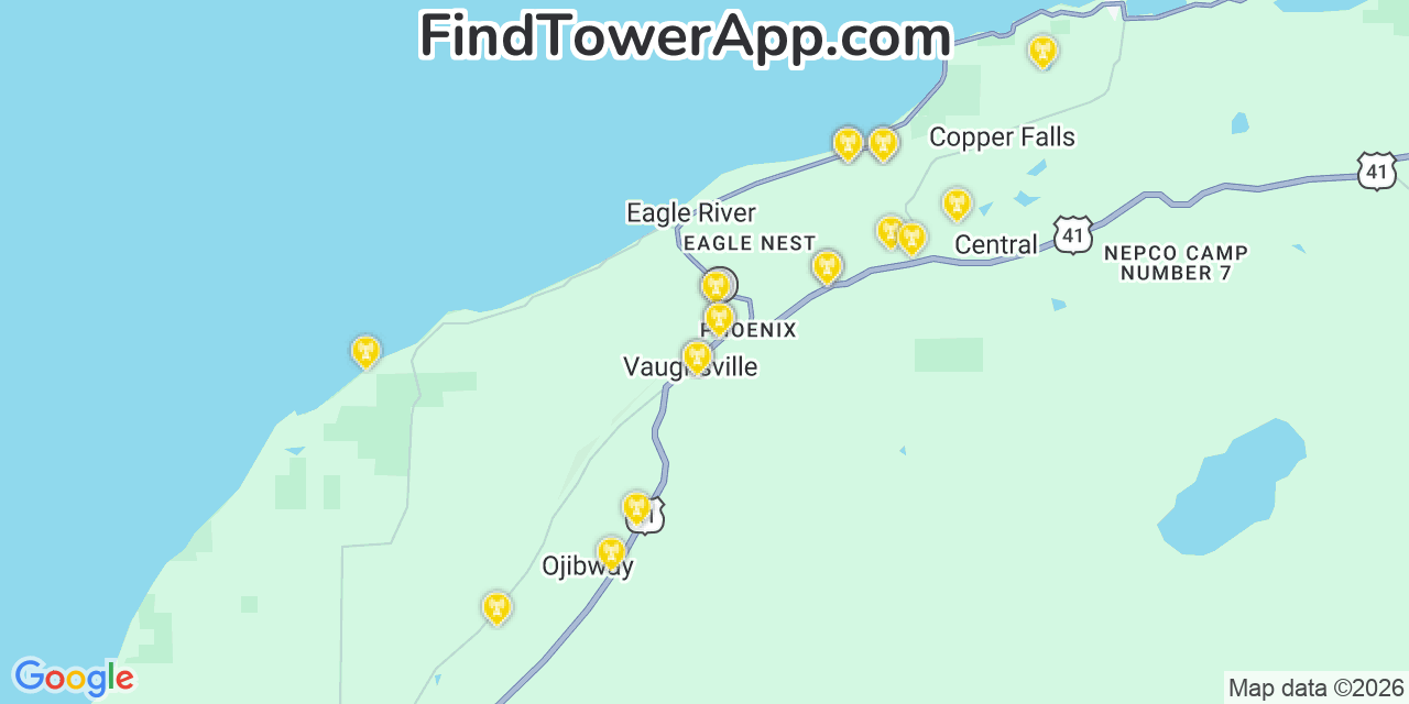 Map showing the 20 primary cell tower locations detected in Eagle River, Michigan from AT&T, Verizon, and T-Mobile networks