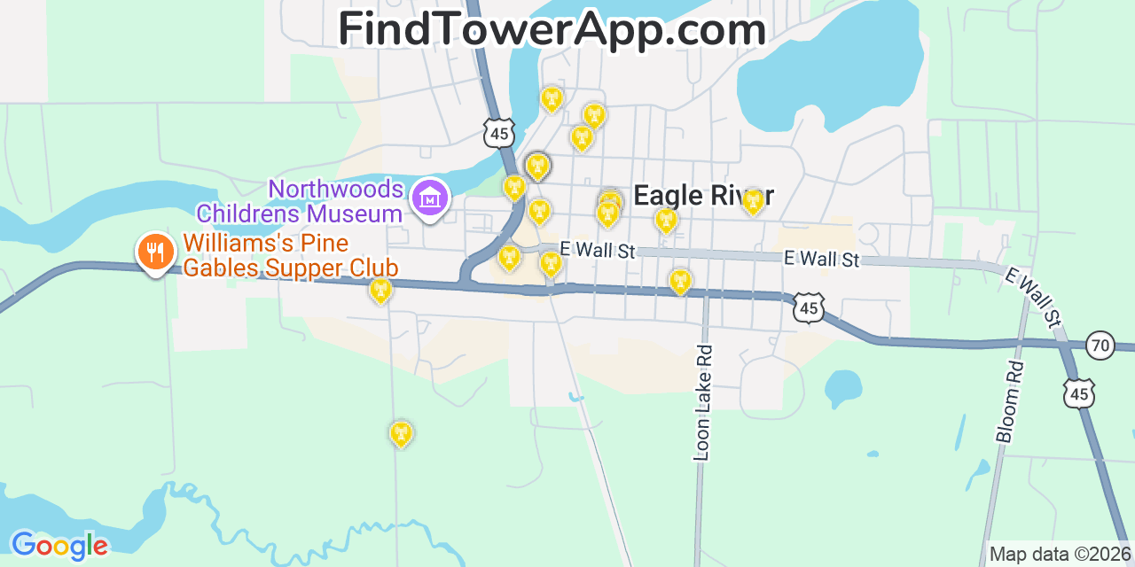 Map showing the 20 primary cell tower locations detected in Eagle River, Wisconsin from AT&T, Verizon, and T-Mobile networks
