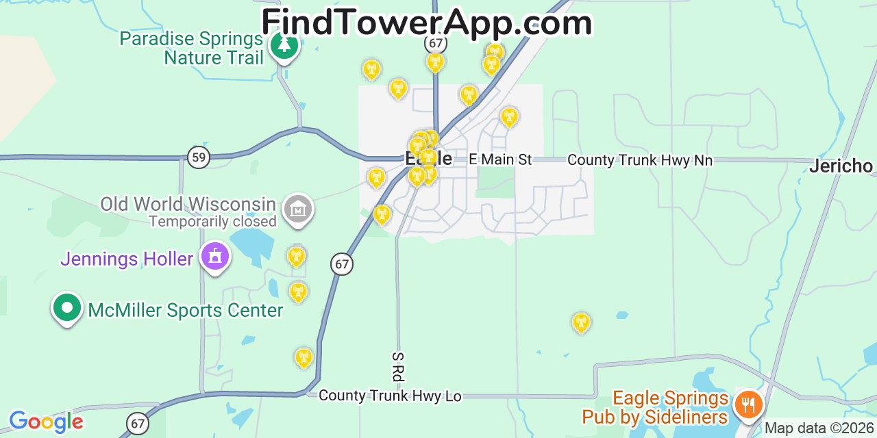 Map showing the 20 primary cell tower locations detected in Eagle, Wisconsin from AT&T, Verizon, and T-Mobile networks