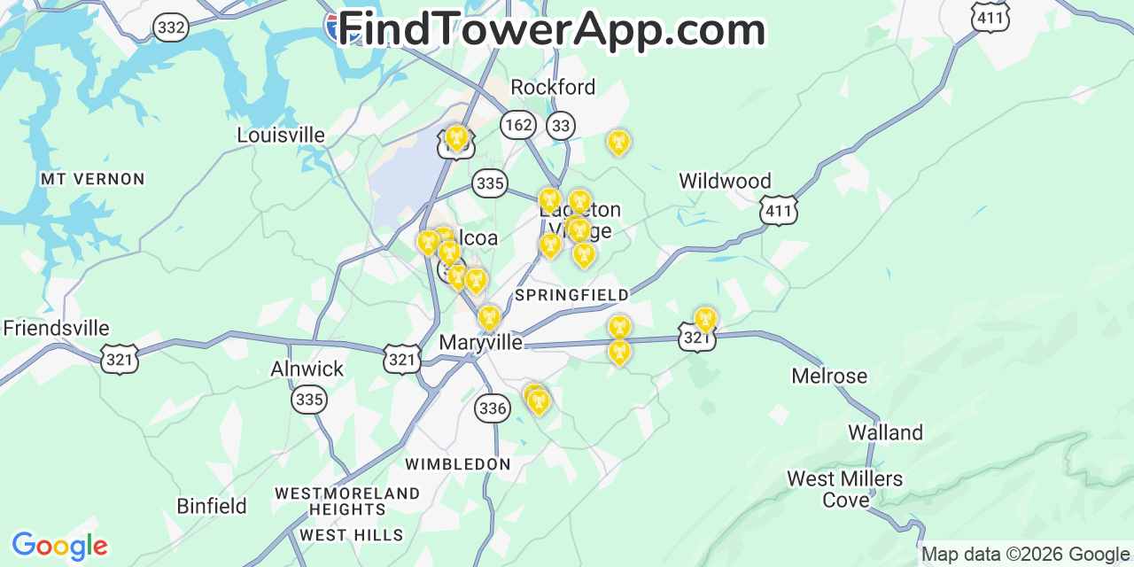 Map showing the 20 primary cell tower locations detected in Eagleton Village, Tennessee from AT&T, Verizon, and T-Mobile networks