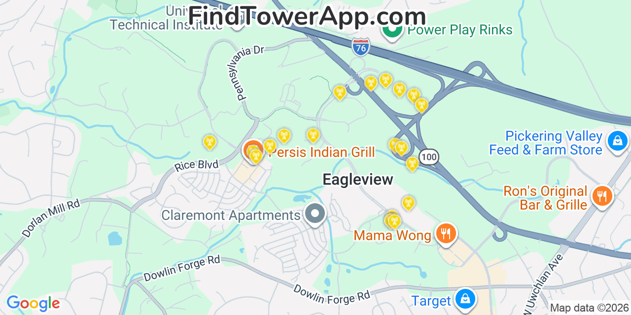 Map showing the 20 primary cell tower locations detected in Eagleview, Pennsylvania from AT&T, Verizon, and T-Mobile networks
