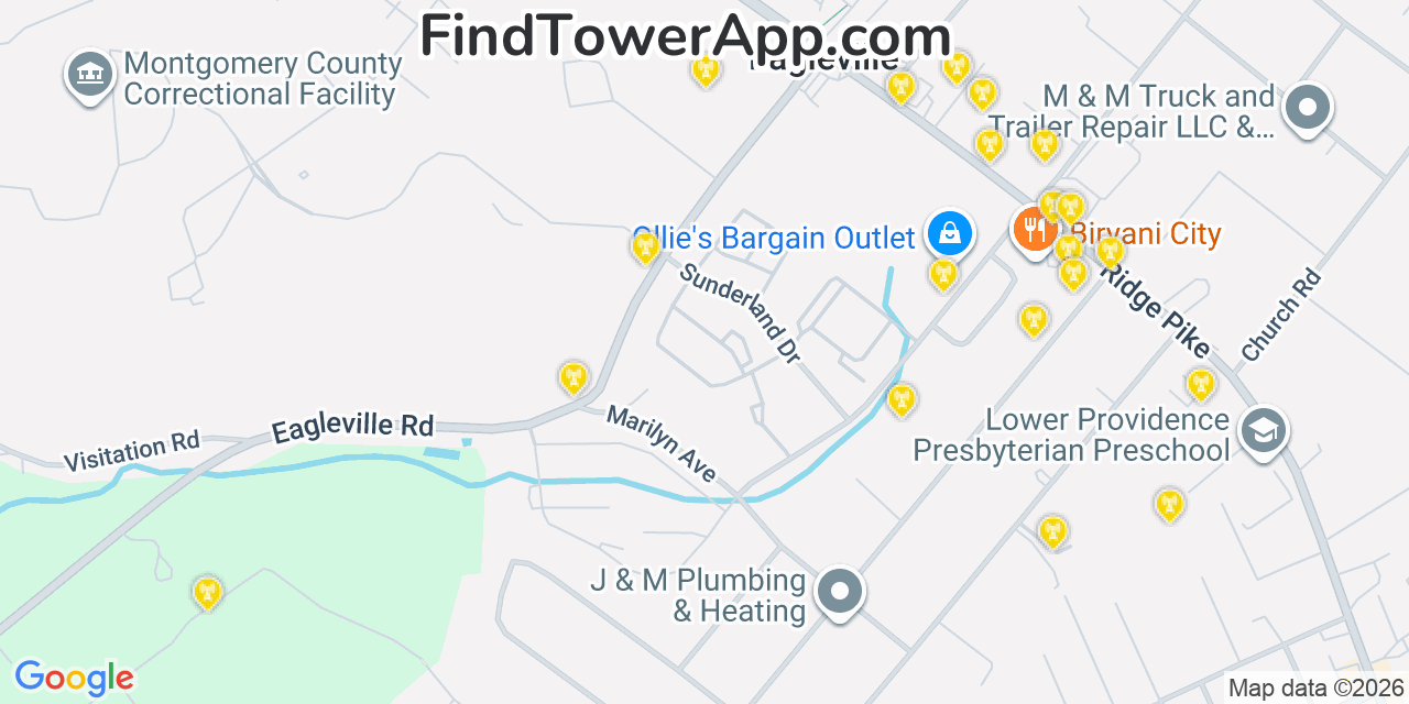 Map showing the 20 primary cell tower locations detected in Eagleville, Pennsylvania from AT&T, Verizon, and T-Mobile networks