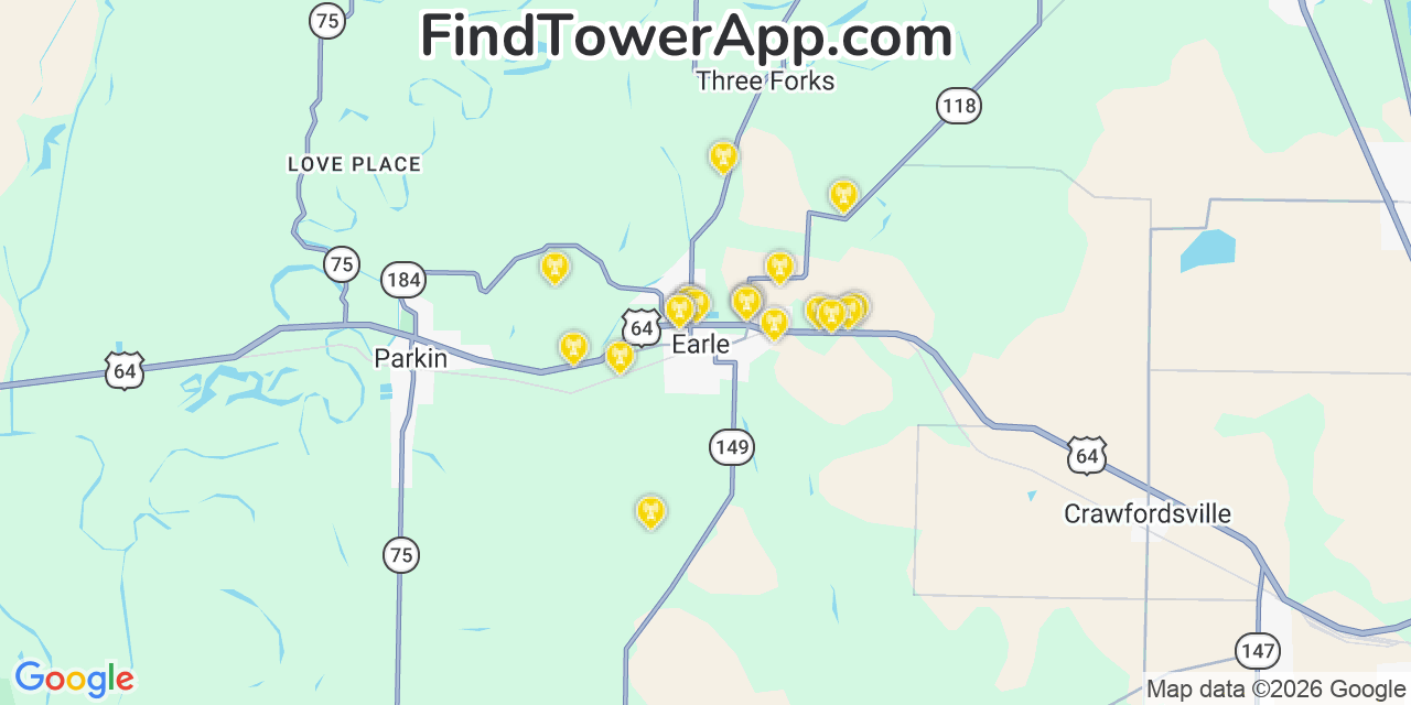 Map showing the 20 primary cell tower locations detected in Earle, Arkansas from AT&T, Verizon, and T-Mobile networks