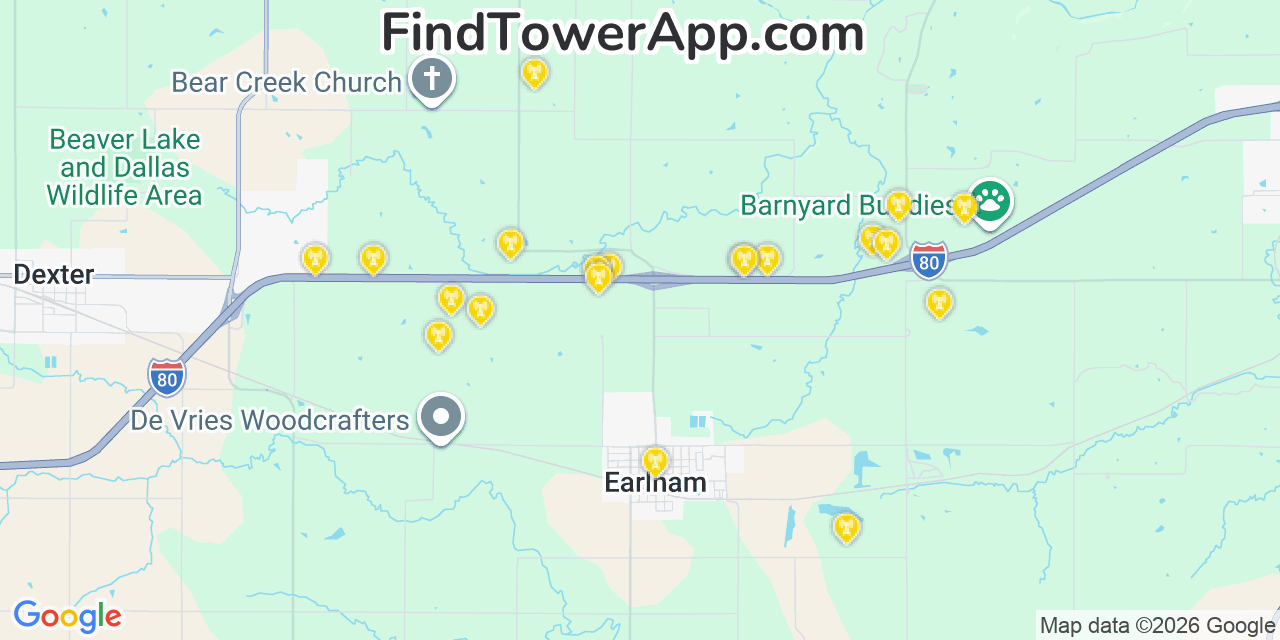 Map showing the 20 primary cell tower locations detected in Earlham, Iowa from AT&T, Verizon, and T-Mobile networks