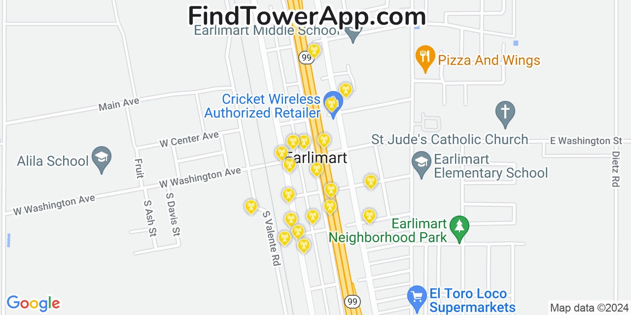 AT&T 4G/5G cell tower coverage map Earlimart, California