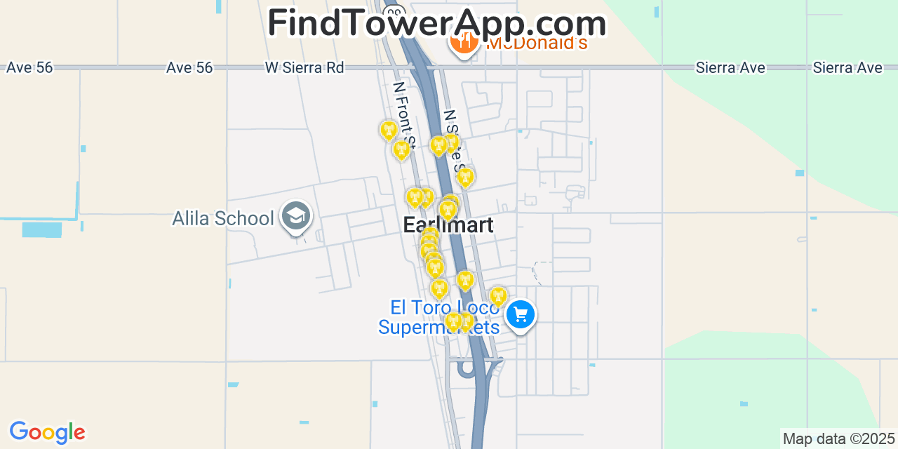 Map showing the 20 primary cell tower locations detected in Earlimart, California from AT&T, Verizon, and T-Mobile networks