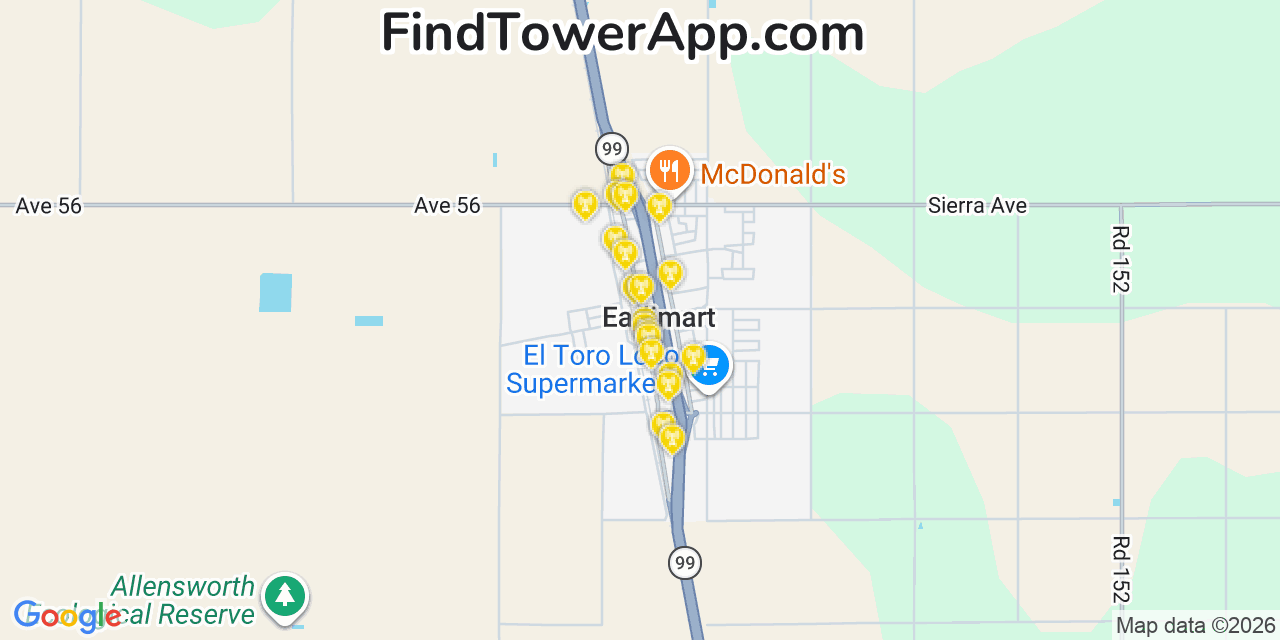 Map showing the 20 primary cell tower locations detected in Earlimart, California from AT&T, Verizon, and T-Mobile networks