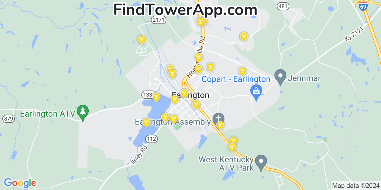 AT&T 4G/5G cell tower coverage map Earlington, Kentucky