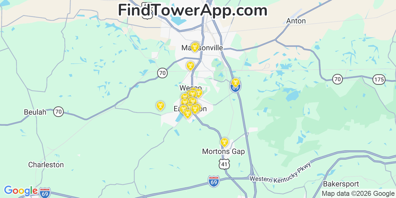 Map showing the 20 primary cell tower locations detected in Earlington, Kentucky from AT&T, Verizon, and T-Mobile networks