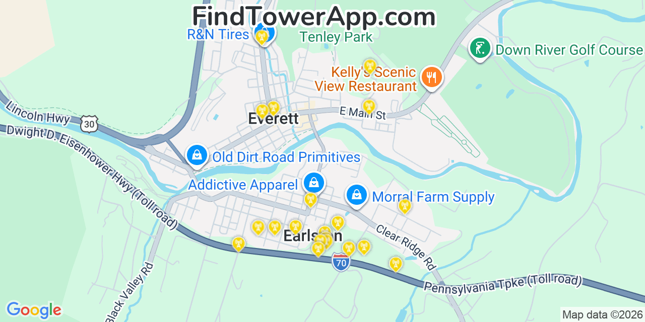 Map showing the 20 primary cell tower locations detected in Earlston, Pennsylvania from AT&T, Verizon, and T-Mobile networks