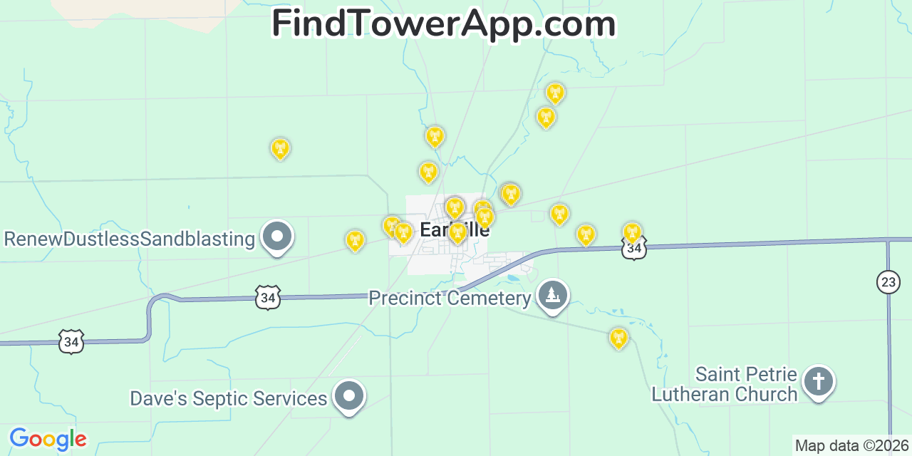 Map showing the 20 primary cell tower locations detected in Earlville, Illinois from AT&T, Verizon, and T-Mobile networks