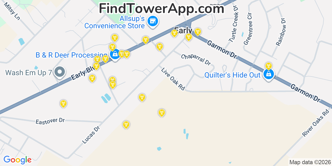 Map showing the 20 primary cell tower locations detected in Early, Texas from AT&T, Verizon, and T-Mobile networks