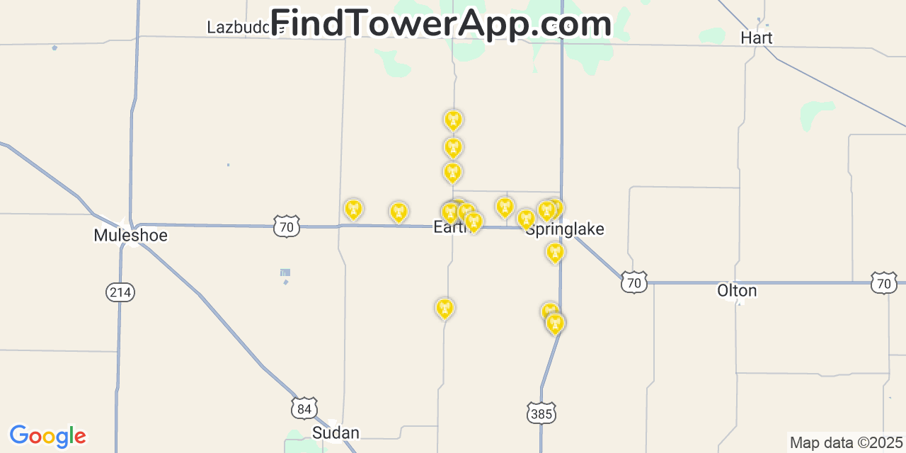Map showing the 20 primary cell tower locations detected in Earth, Texas from AT&T, Verizon, and T-Mobile networks
