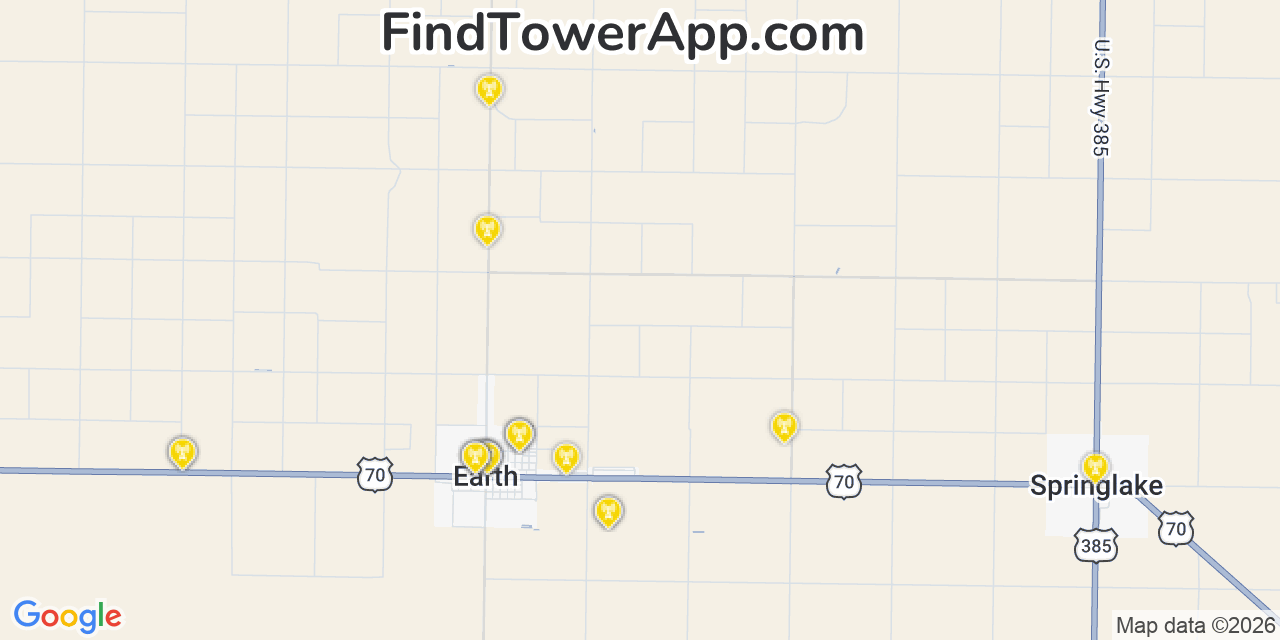 Map showing the 20 primary cell tower locations detected in Earth, Texas from AT&T, Verizon, and T-Mobile networks
