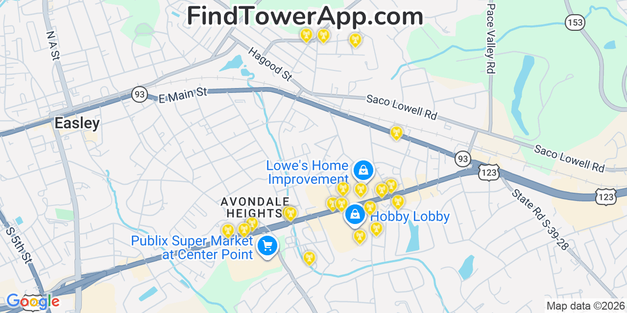 Map showing the 20 primary cell tower locations detected in Easley, South Carolina from AT&T, Verizon, and T-Mobile networks