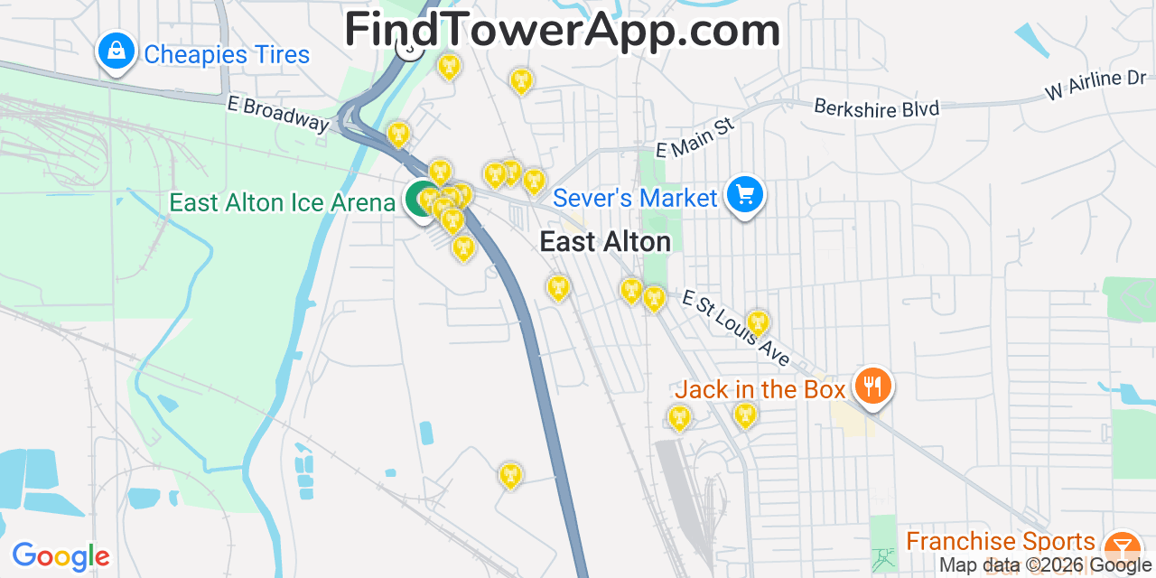 Map showing the 20 primary cell tower locations detected in East Alton, Illinois from AT&T, Verizon, and T-Mobile networks