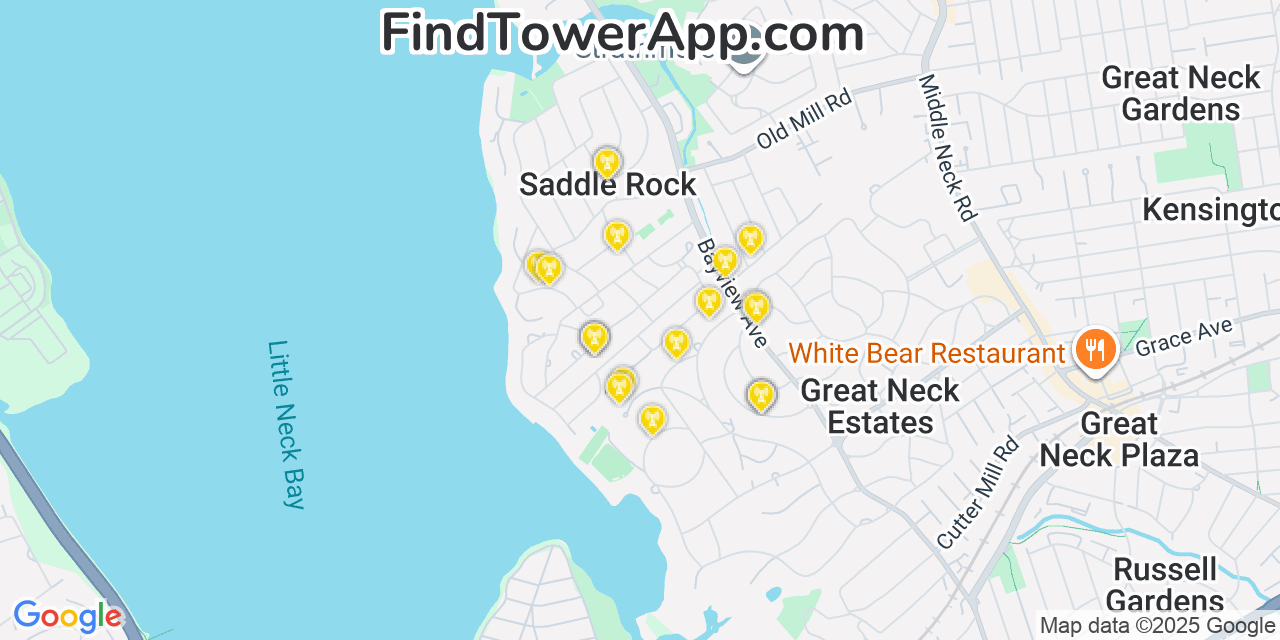Map showing the 20 primary cell tower locations detected in East Atlantic Beach, New York from AT&T, Verizon, and T-Mobile networks