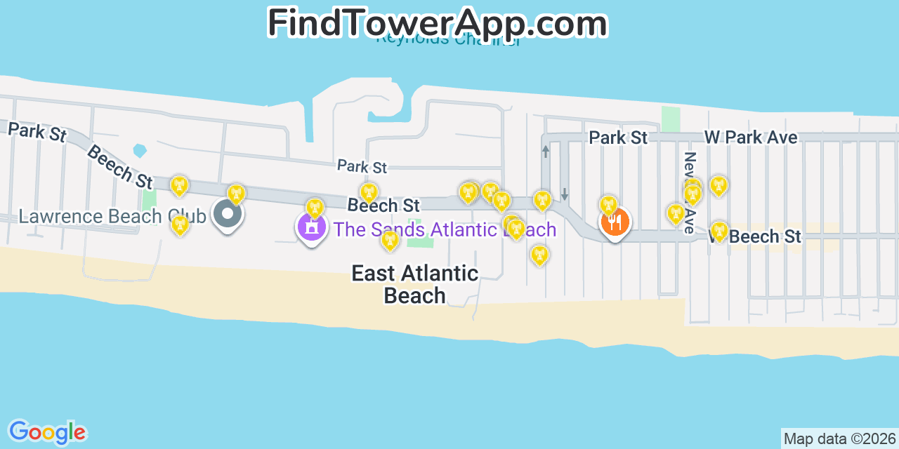 Map showing the 20 primary cell tower locations detected in East Atlantic Beach, New York from AT&T, Verizon, and T-Mobile networks