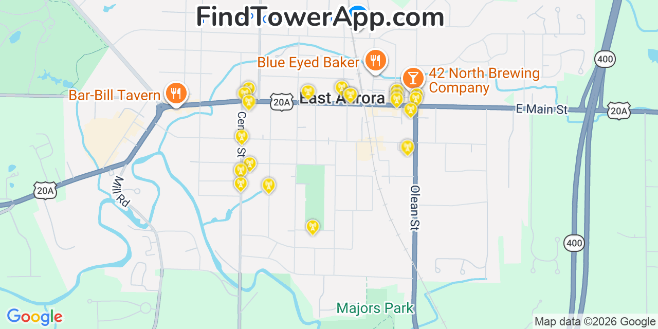Map showing the 20 primary cell tower locations detected in East Aurora, New York from AT&T, Verizon, and T-Mobile networks