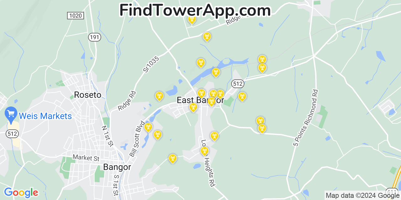 AT&T 4G/5G cell tower coverage map East Bangor, Pennsylvania