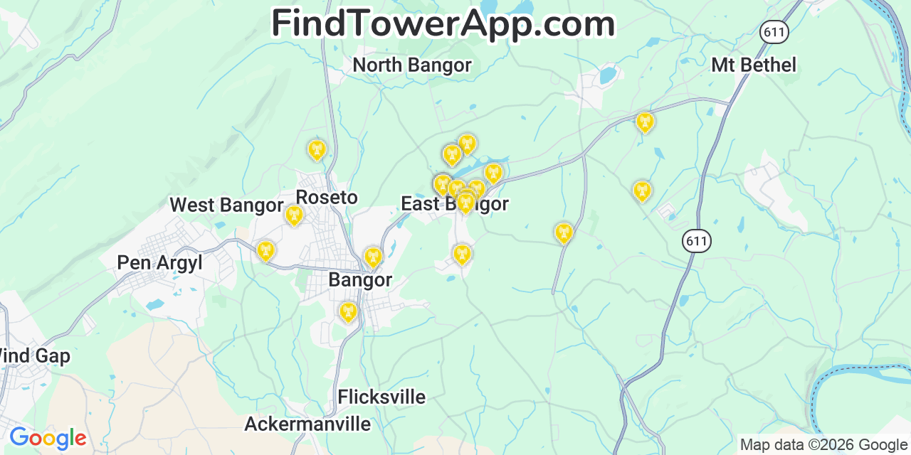 Map showing the 20 primary cell tower locations detected in East Bangor, Pennsylvania from AT&T, Verizon, and T-Mobile networks