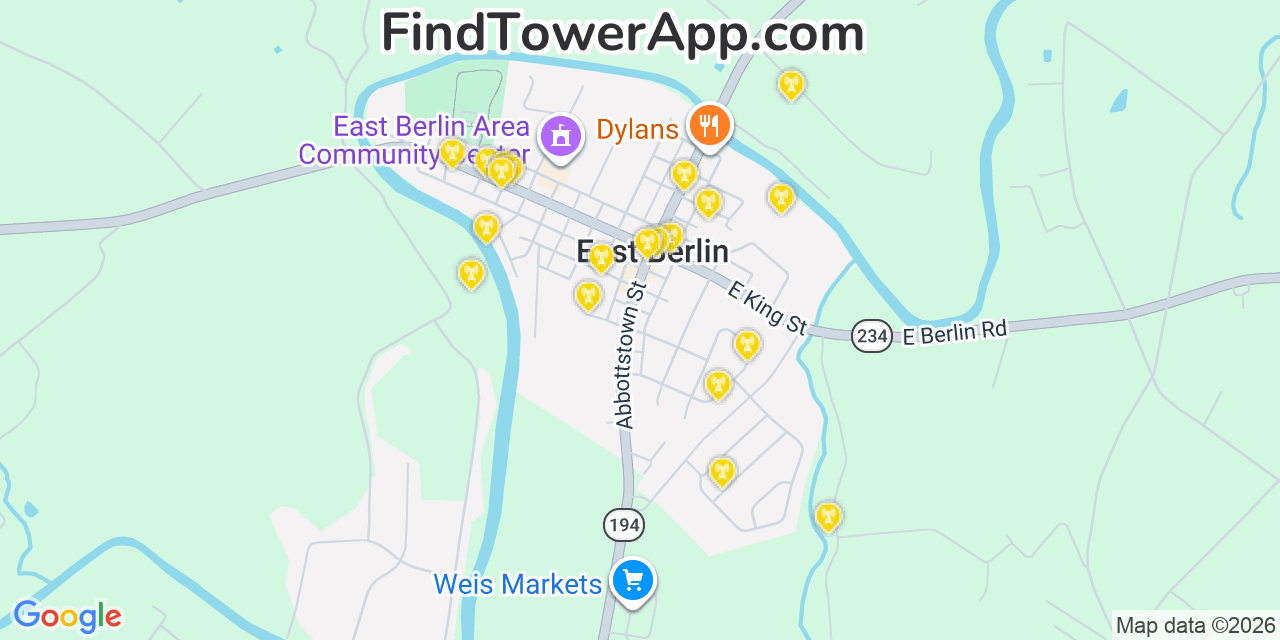 Map showing the 20 primary cell tower locations detected in East Berlin, Pennsylvania from AT&T, Verizon, and T-Mobile networks