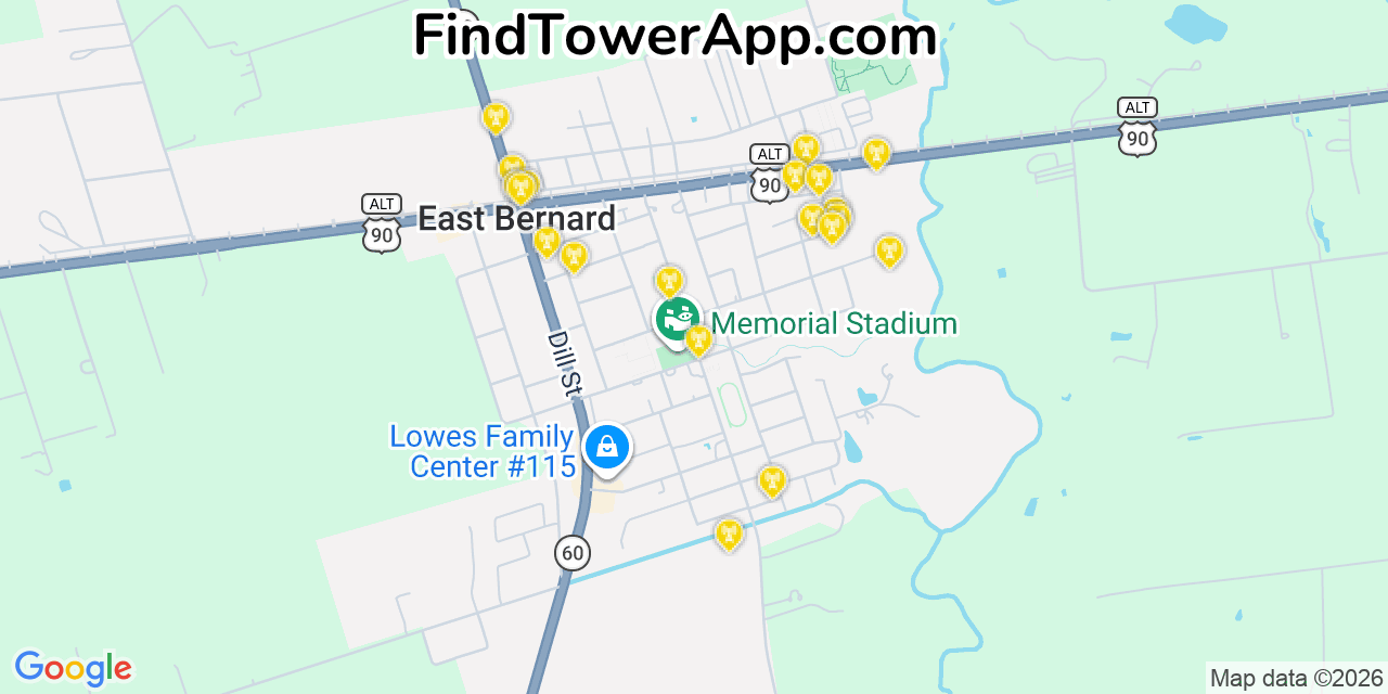 Map showing the 20 primary cell tower locations detected in East Bernard, Texas from AT&T, Verizon, and T-Mobile networks
