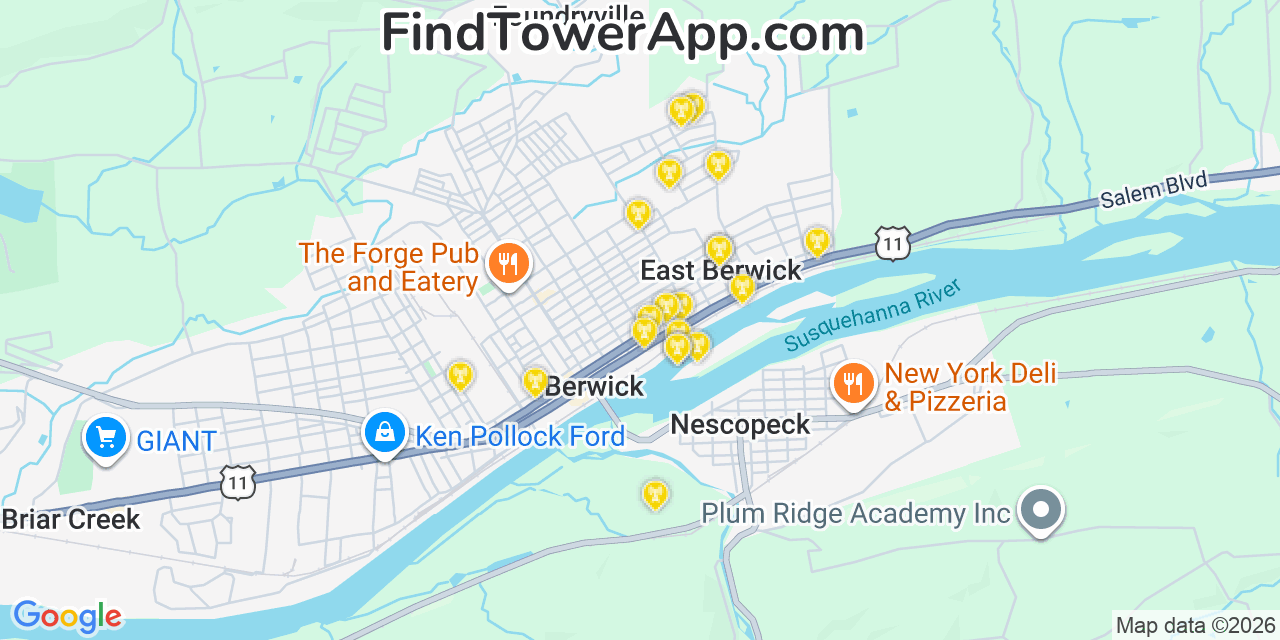 Map showing the 20 primary cell tower locations detected in East Berwick, Pennsylvania from AT&T, Verizon, and T-Mobile networks