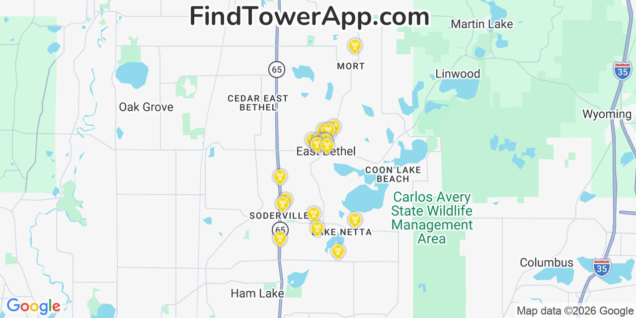 Map showing the 20 primary cell tower locations detected in East Bethel, Minnesota from AT&T, Verizon, and T-Mobile networks