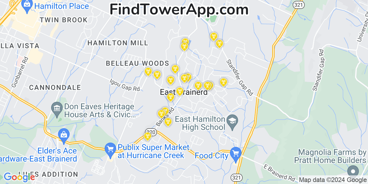 AT&T 4G/5G cell tower coverage map East Brainerd, Tennessee