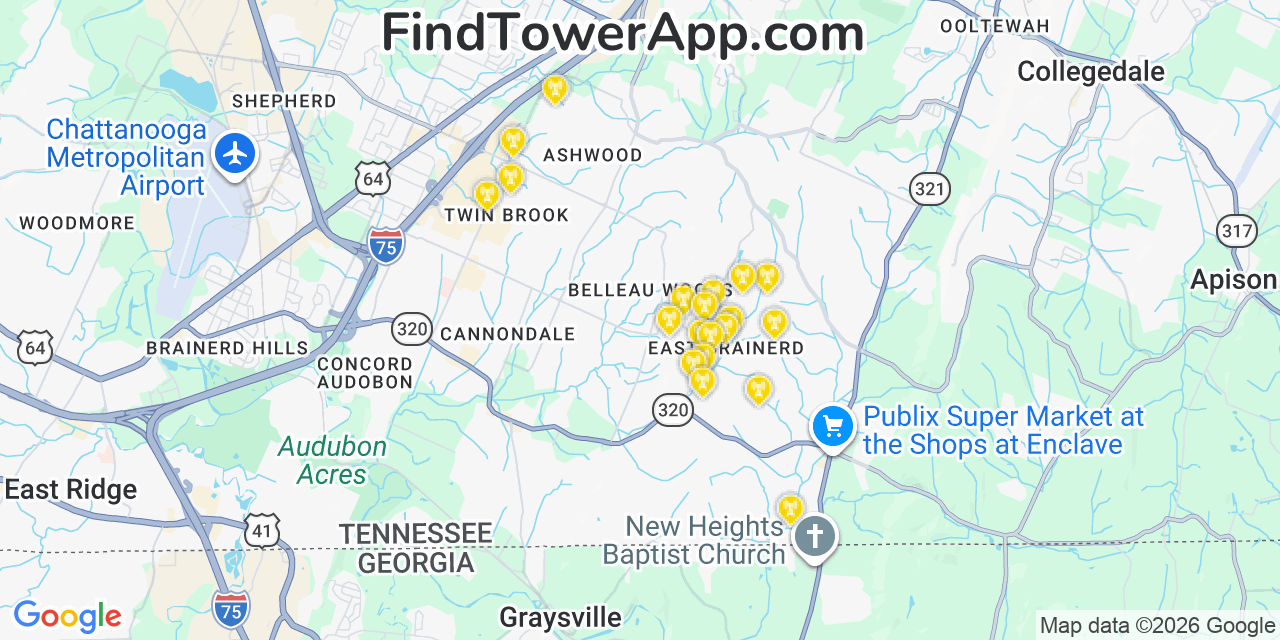 Map showing the 20 primary cell tower locations detected in East Brainerd, Tennessee from AT&T, Verizon, and T-Mobile networks