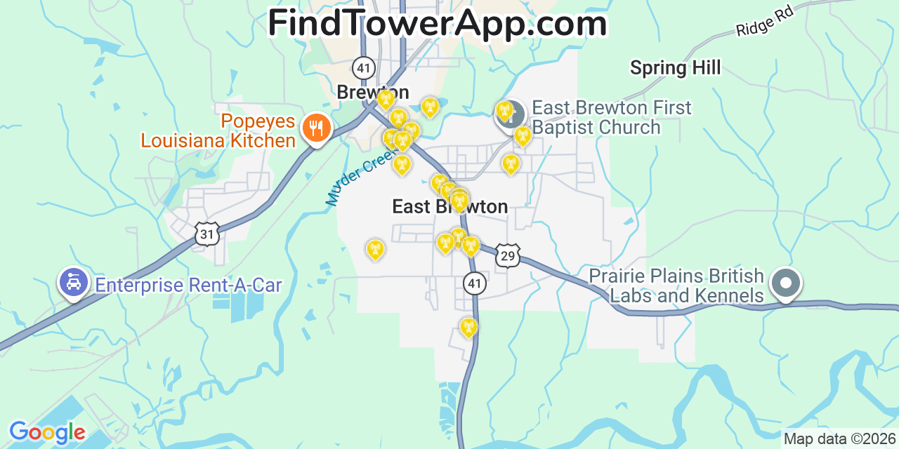 Map showing the 20 primary cell tower locations detected in East Brewton, Alabama from AT&T, Verizon, and T-Mobile networks