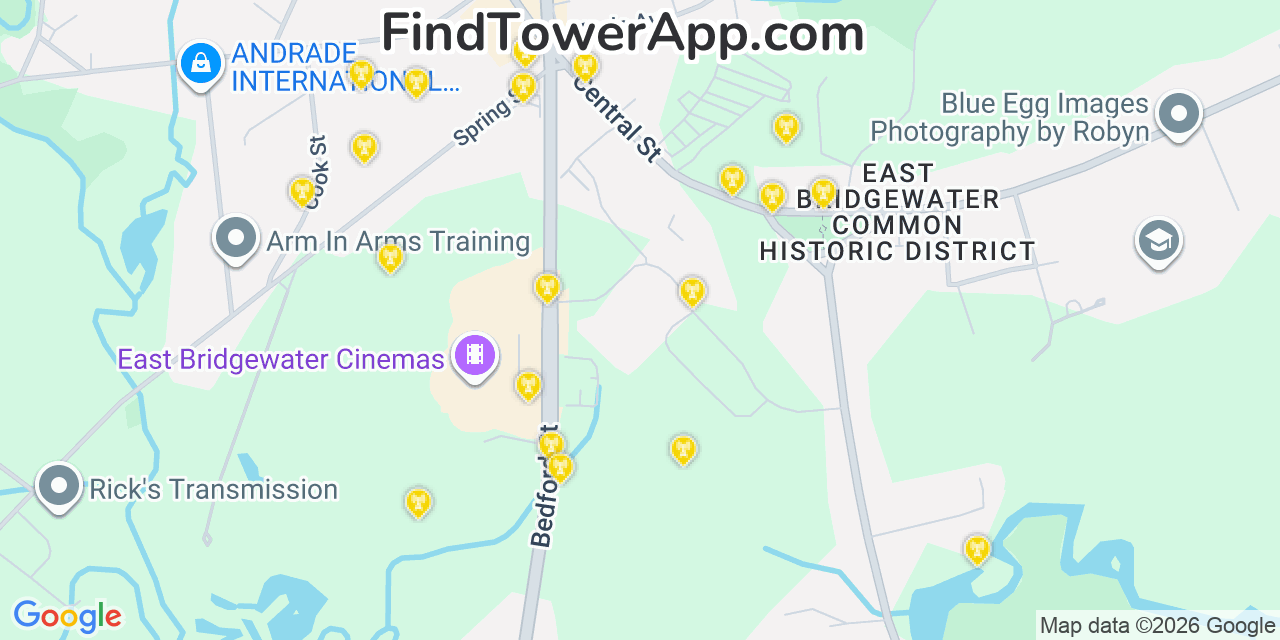 Map showing the 20 primary cell tower locations detected in East Bridgewater, Massachusetts from AT&T, Verizon, and T-Mobile networks