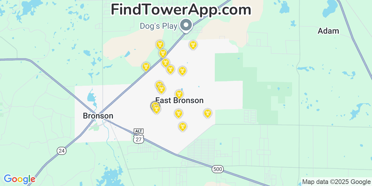 Map showing the 20 primary cell tower locations detected in East Bronson, Florida from AT&T, Verizon, and T-Mobile networks