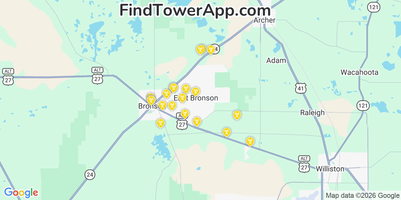 Map showing the 20 primary cell tower locations detected in East Bronson, Florida from AT&T, Verizon, and T-Mobile networks