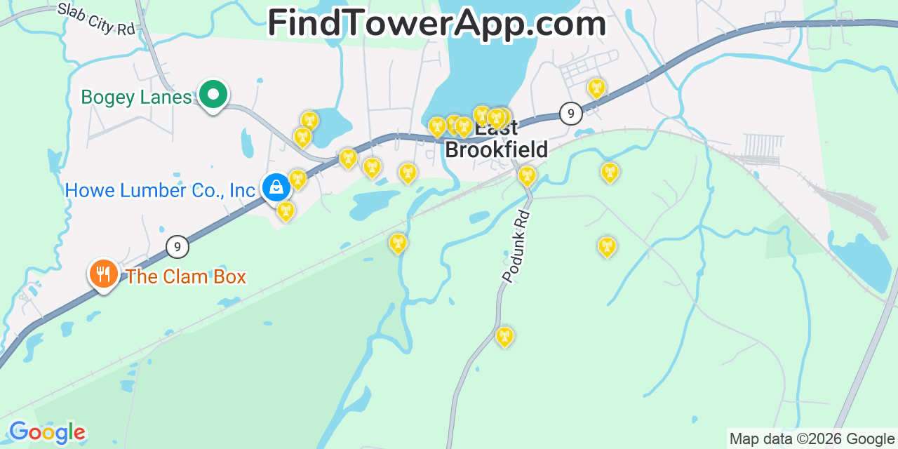 Map showing the 20 primary cell tower locations detected in East Brookfield, Massachusetts from AT&T, Verizon, and T-Mobile networks