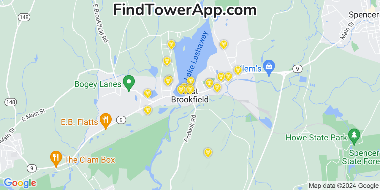 Verizon 4G/5G cell tower coverage map East Brookfield, Massachusetts