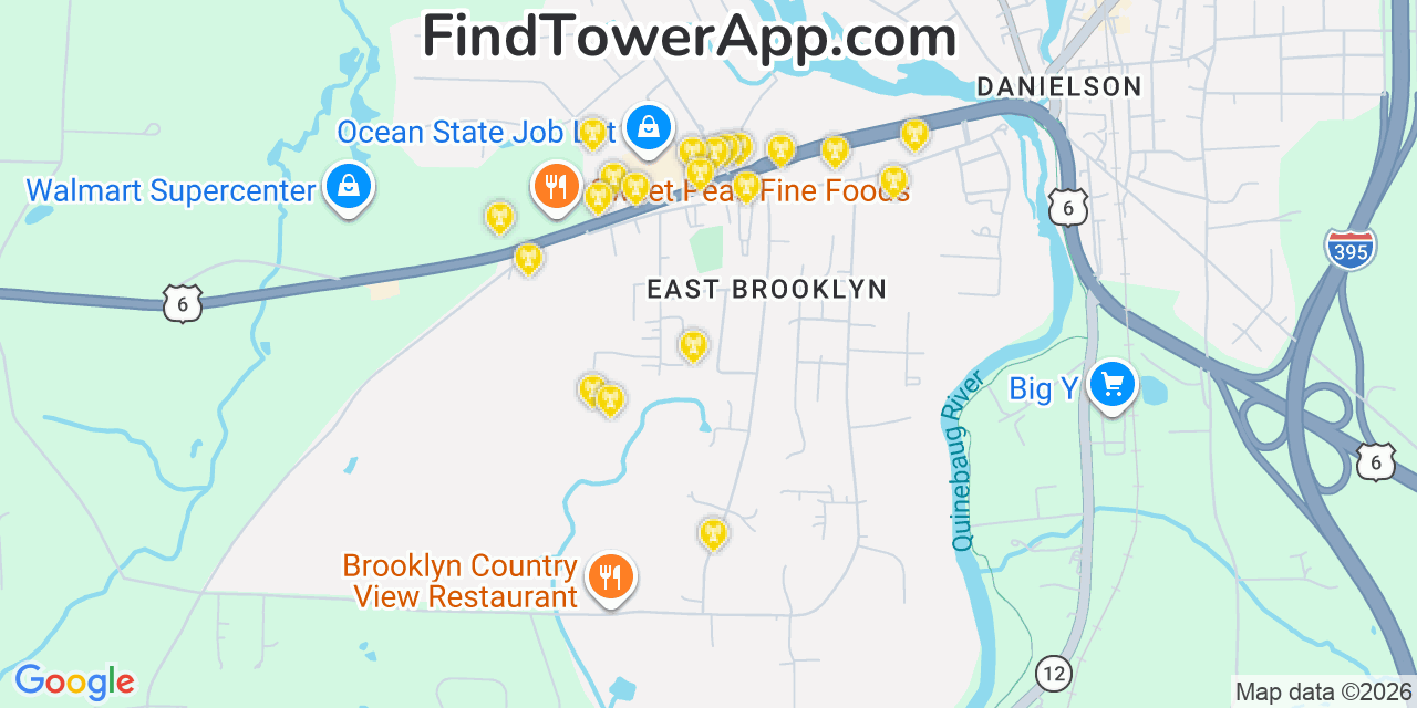 Map showing the 20 primary cell tower locations detected in East Brooklyn, Connecticut from AT&T, Verizon, and T-Mobile networks