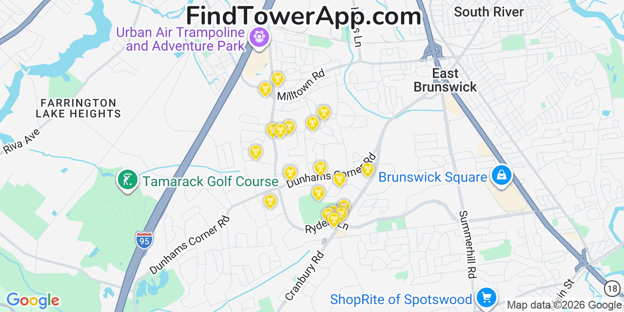 Map showing the 20 primary cell tower locations detected in East Brunswick, New Jersey from AT&T, Verizon, and T-Mobile networks