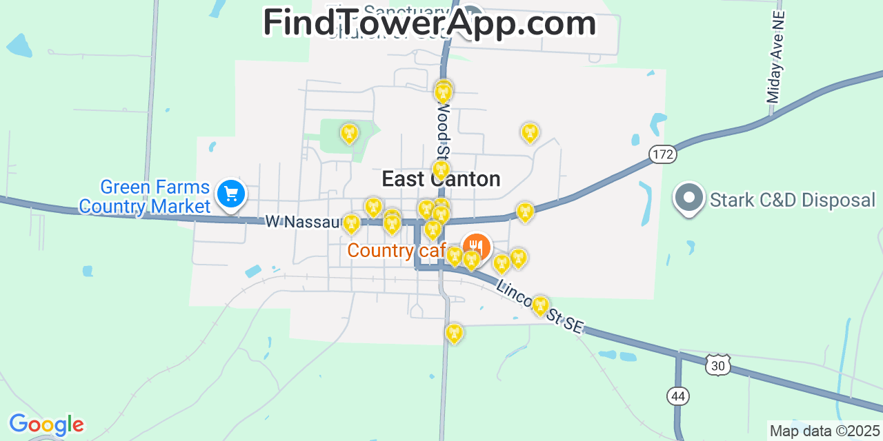 Map showing the 20 primary cell tower locations detected in East Canton, Ohio from AT&T, Verizon, and T-Mobile networks
