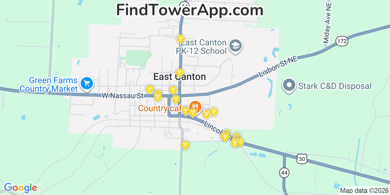 Map showing the 20 primary cell tower locations detected in East Canton, Ohio from AT&T, Verizon, and T-Mobile networks