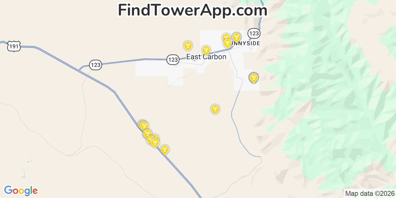 Map showing the 20 primary cell tower locations detected in East Carbon City, Utah from AT&T, Verizon, and T-Mobile networks