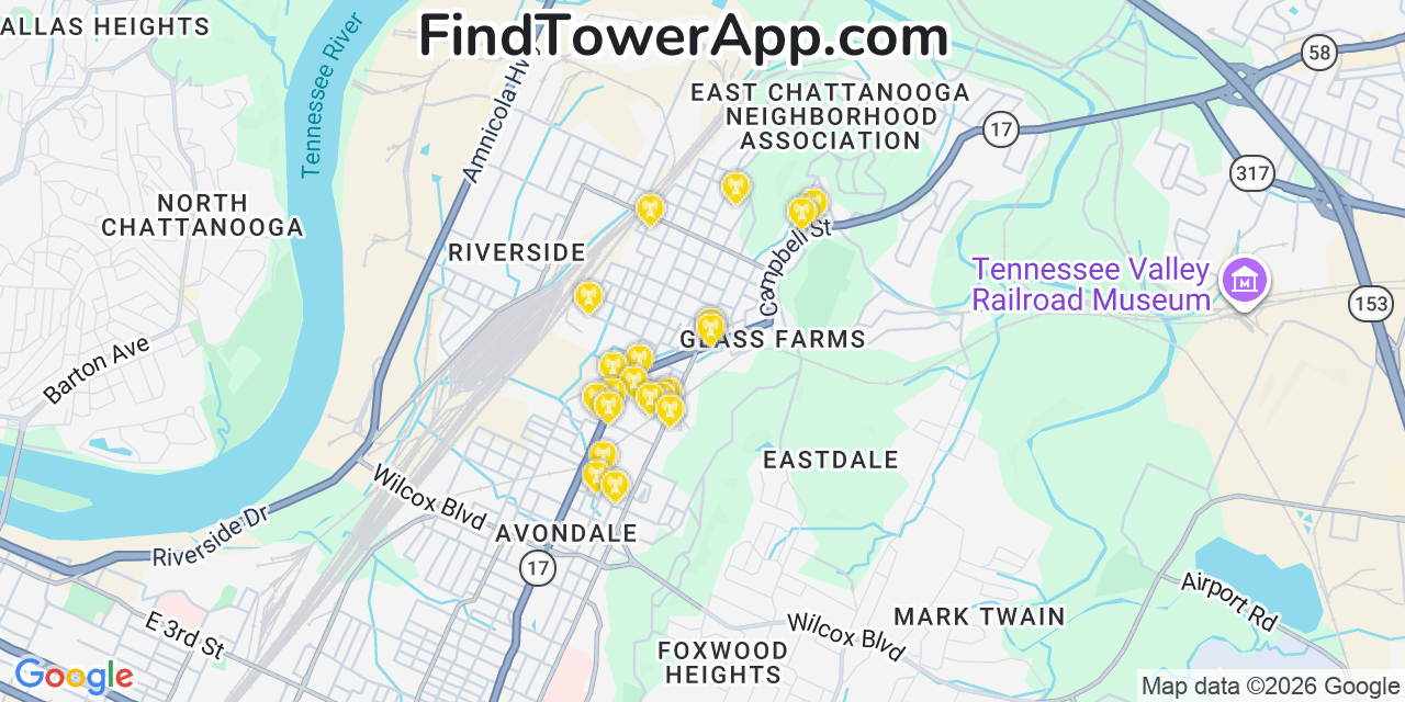 Map showing the 20 primary cell tower locations detected in East Chattanooga, Tennessee from AT&T, Verizon, and T-Mobile networks