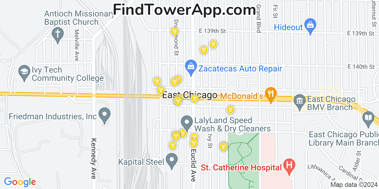 AT&T 4G/5G cell tower coverage map East Chicago, Indiana