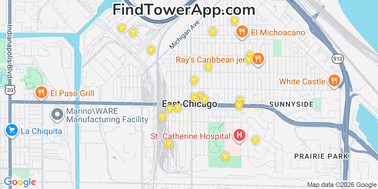 Map showing the 20 primary cell tower locations detected in East Chicago, Indiana from AT&T, Verizon, and T-Mobile networks