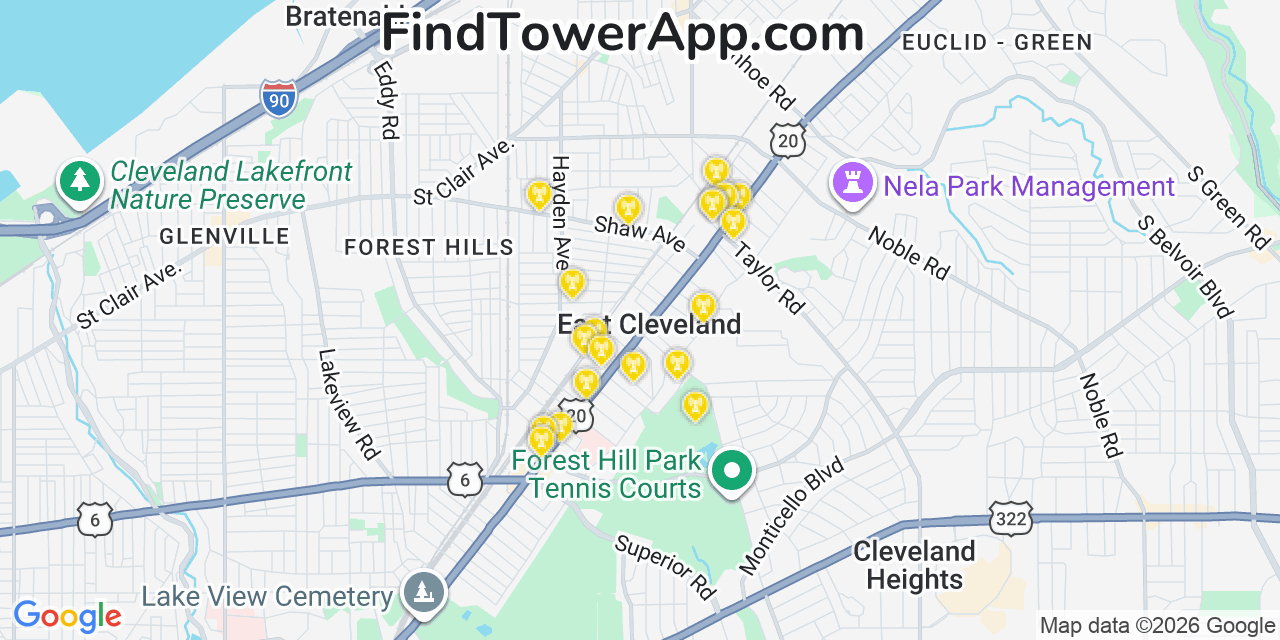 Map showing the 20 primary cell tower locations detected in East Cleveland, Ohio from AT&T, Verizon, and T-Mobile networks