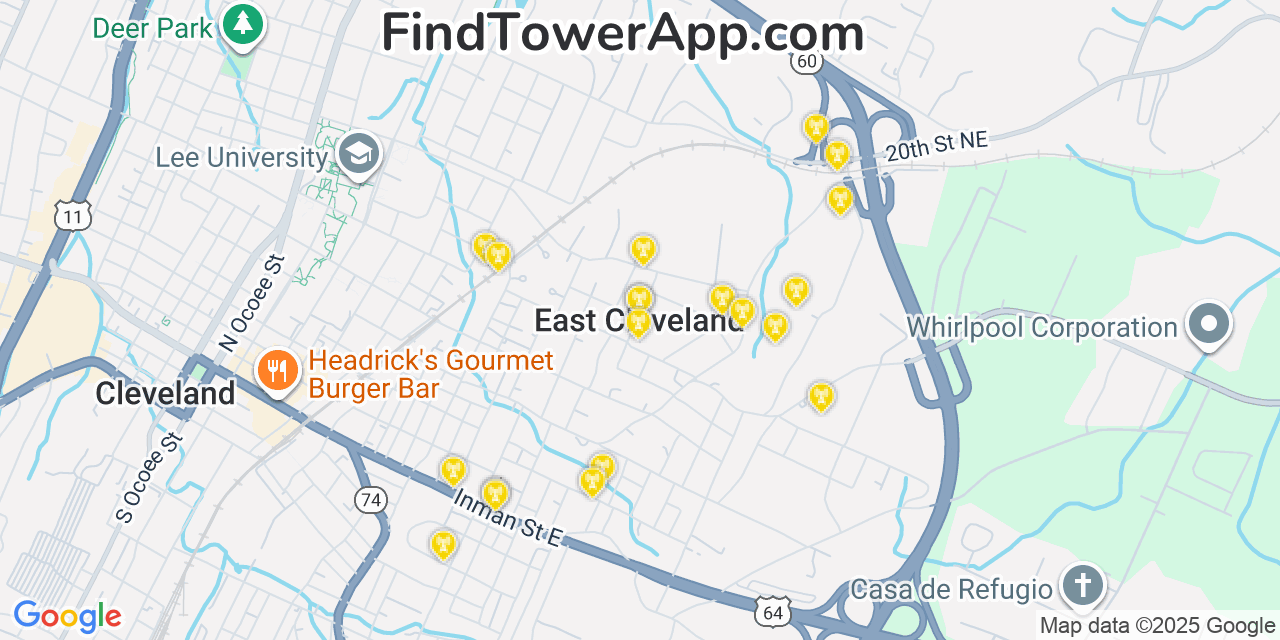 Map showing the 20 primary cell tower locations detected in East Cleveland, Tennessee from AT&T, Verizon, and T-Mobile networks
