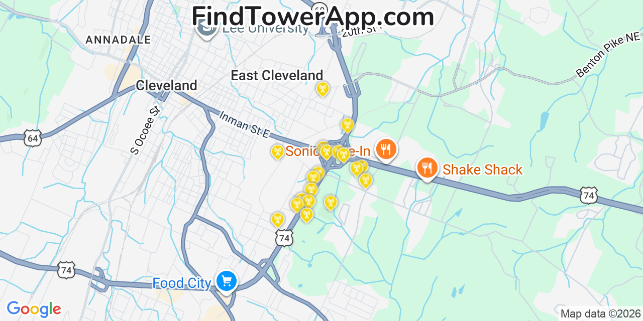 Map showing the 20 primary cell tower locations detected in East Cleveland, Tennessee from AT&T, Verizon, and T-Mobile networks
