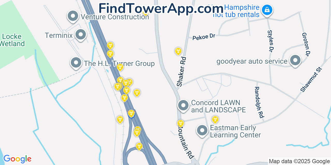 Map showing the 20 primary cell tower locations detected in East Concord, New Hampshire from AT&T, Verizon, and T-Mobile networks